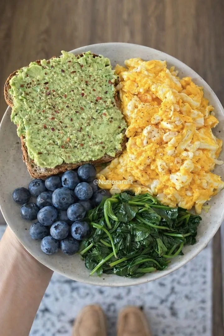 Balanced Breakfast Plate with Scrambled Eggs, Avocado Toast, Spinach, and Blueberries 1 Balanced breakfast plate with scrambled eggs, avocado toast, spinach, and blueberries.