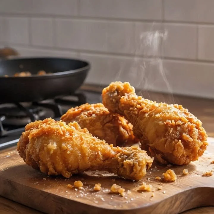 Extra Crunchy Golden Fried Chicken Drumsticks Recipe with Cornflakes and Cornstarch Coating 1 Extra crunchy golden fried chicken drumsticks coated with cornflakes and cornstarch.