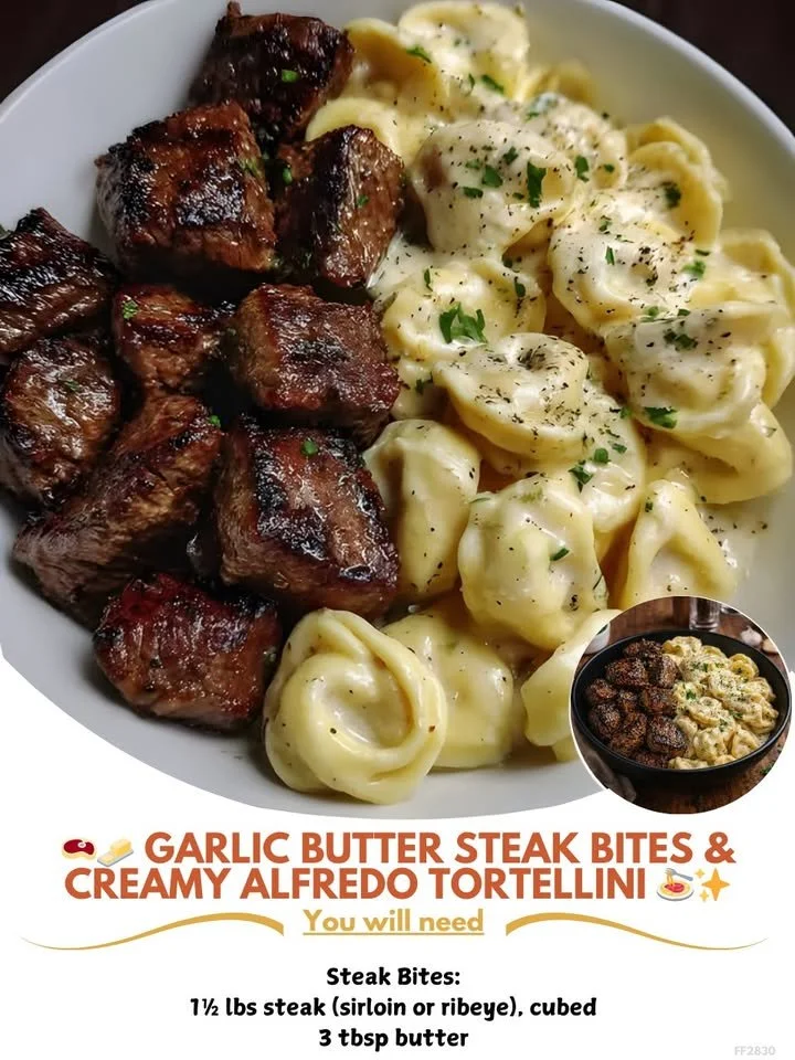 Garlic Butter Steak Bites with Creamy Alfredo Tortellini