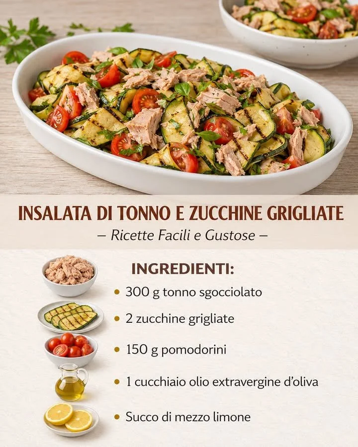 Insalata di tonno e zucchine grigliate 1 Insalata di tonno e zucchine grigliate servita su un piatto