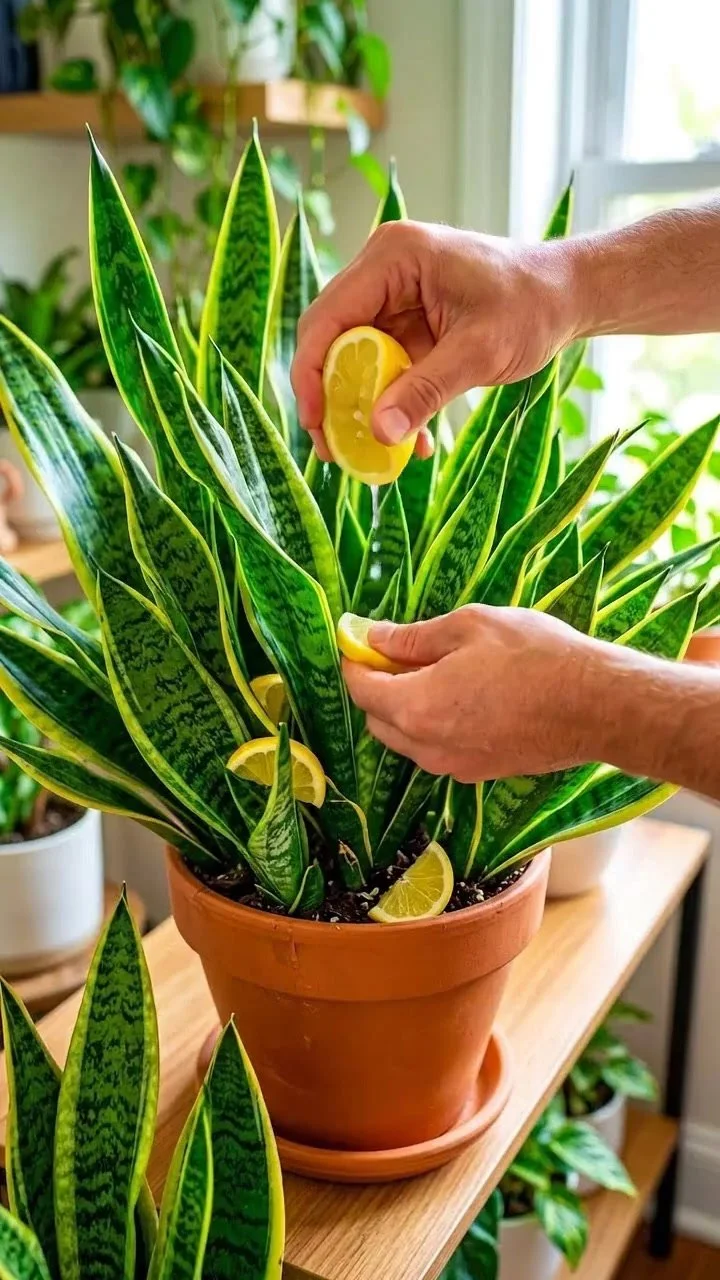 Lemon Juice for Snake Plant: Quick Growth Boost 1 Lemon juice applied to a thriving snake plant for growth enhancement.