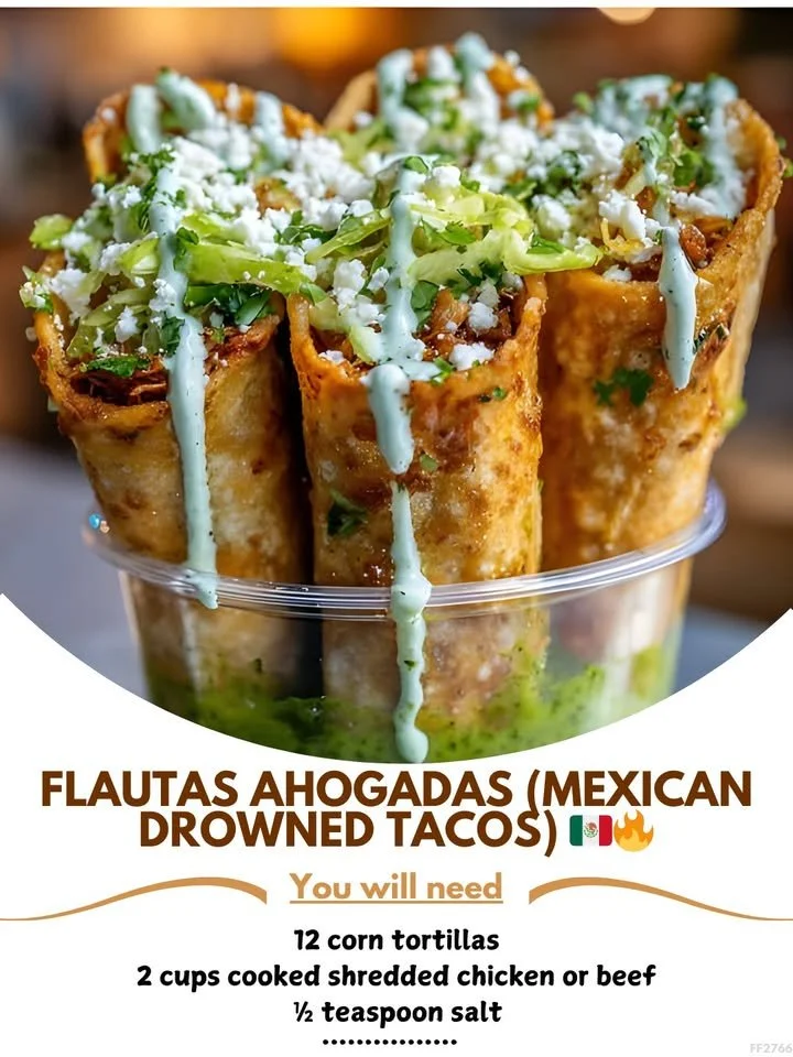 Mexican Drowned Tacos (Flautas Ahogadas) with Green Chile Sauce
