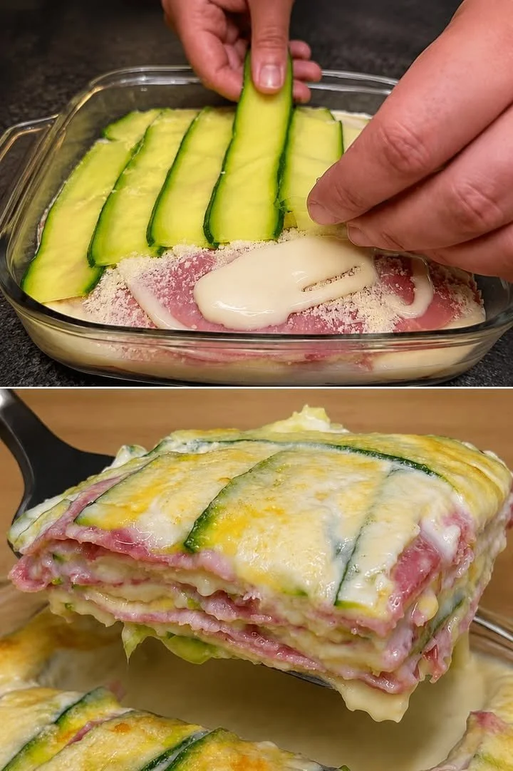 Parmigiana Bianca con Zucchine, Prosciutto e Scamorza 1 Parmigiana Bianca con zucchine, prosciutto e scamorza, un piatto ricco e gustoso.