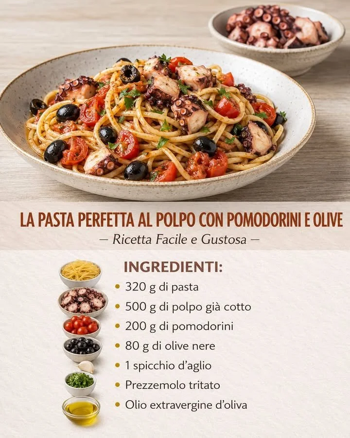 Pasta al polpo con pomodorini e olive 1 Pasta al polpo con pomodorini e olive nel piatto