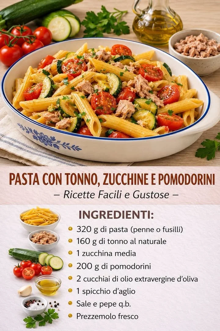 Pasta al tonno con zucchine e pomodorini 1 Pasta al tonno con zucchine e pomodorini in un piatto colorato e appetitoso.