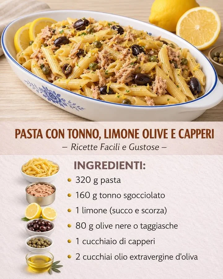 Pasta con tonno, limone, olive e capperi 1 Pasta con tonno, limone, olive e capperi servita in un piatto colorato