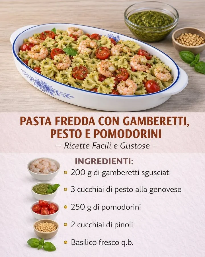 Pasta fredda ai gamberetti con pesto e pomodorini 1 Pasta fredda ai gamberetti con pesto e pomodorini