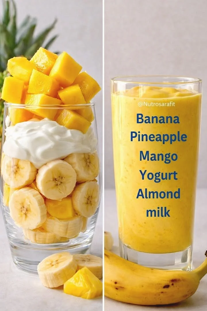 Pineapple Mango Smoothie 1 Delicious Pineapple Mango Smoothie in a glass with fresh fruits