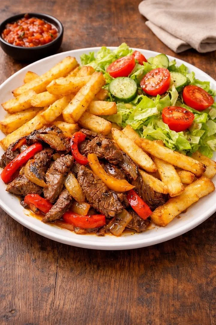 Steak Fajitas with Crispy Fries and Garden Salad 1 Steak fajitas with crispy fries and garden salad on a plate