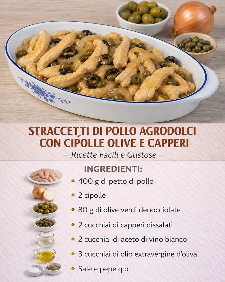 Straccetti di pollo agrodolci con cipolle, olive e capperi 1 Straccetti di pollo agrodolci con cipolle, olive e capperi