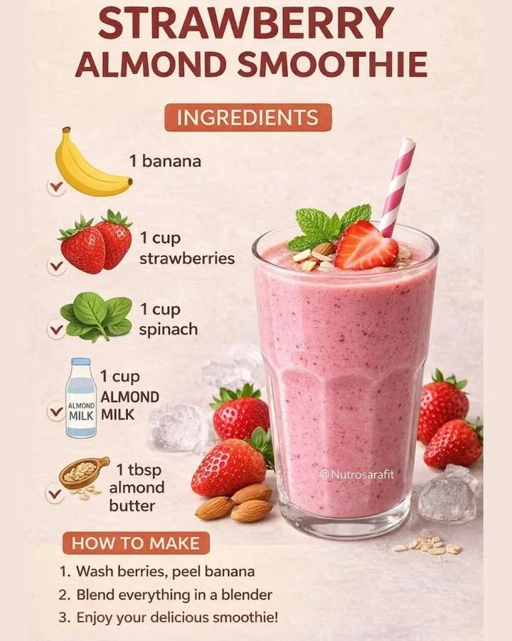 Strawberry Almond Smoothie Recipe for Energy 1 Strawberry almond smoothie in a glass with fresh strawberries and almonds