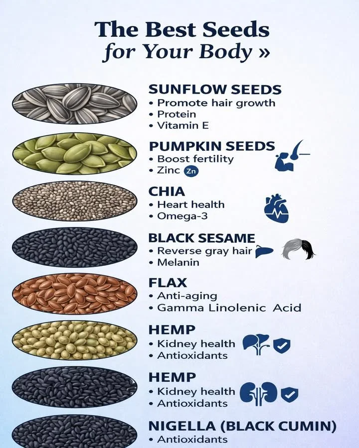 The Best Seeds for Your Body 1 Assorted healthy seeds including chia, flaxseed, and pumpkin seeds for nutrition.